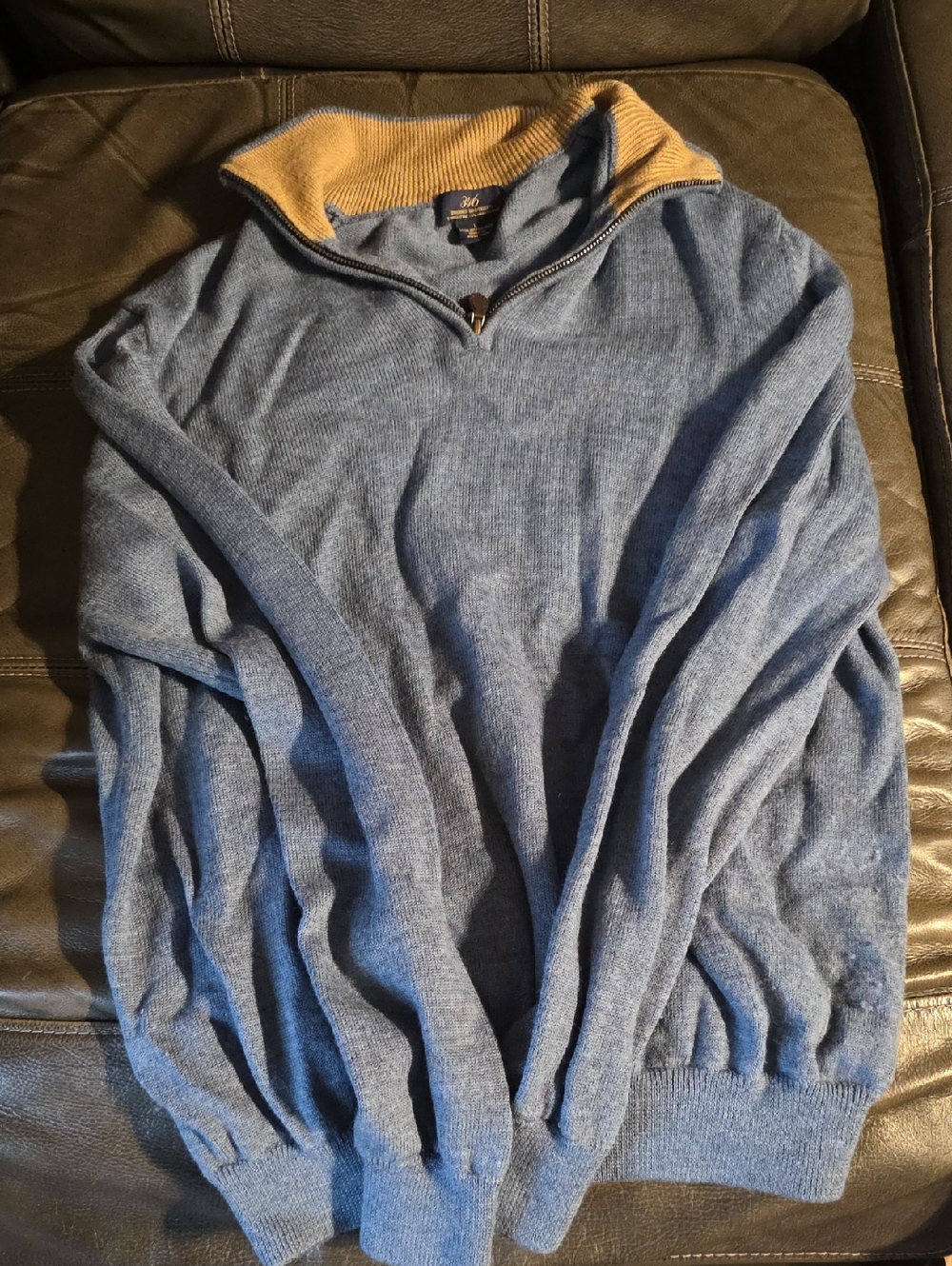 Men's Blue Half-Zip Sweater with Contrasting Tan Collar
